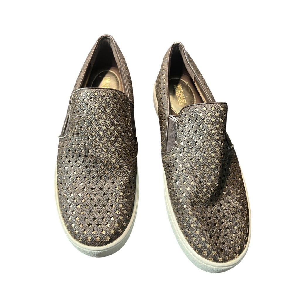 Michael Kors Women's Slip-On Sneakers 7.5M Brown Gold Star‎ Perforated Athletic